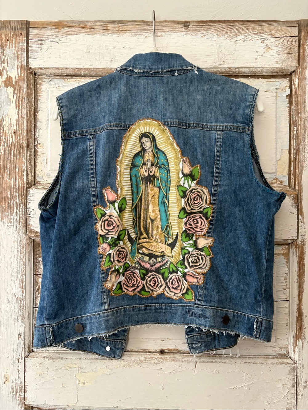 Cute Our Lady of Guadalupe Upcycled Kut from the Kloth Denim Vest from Jacket